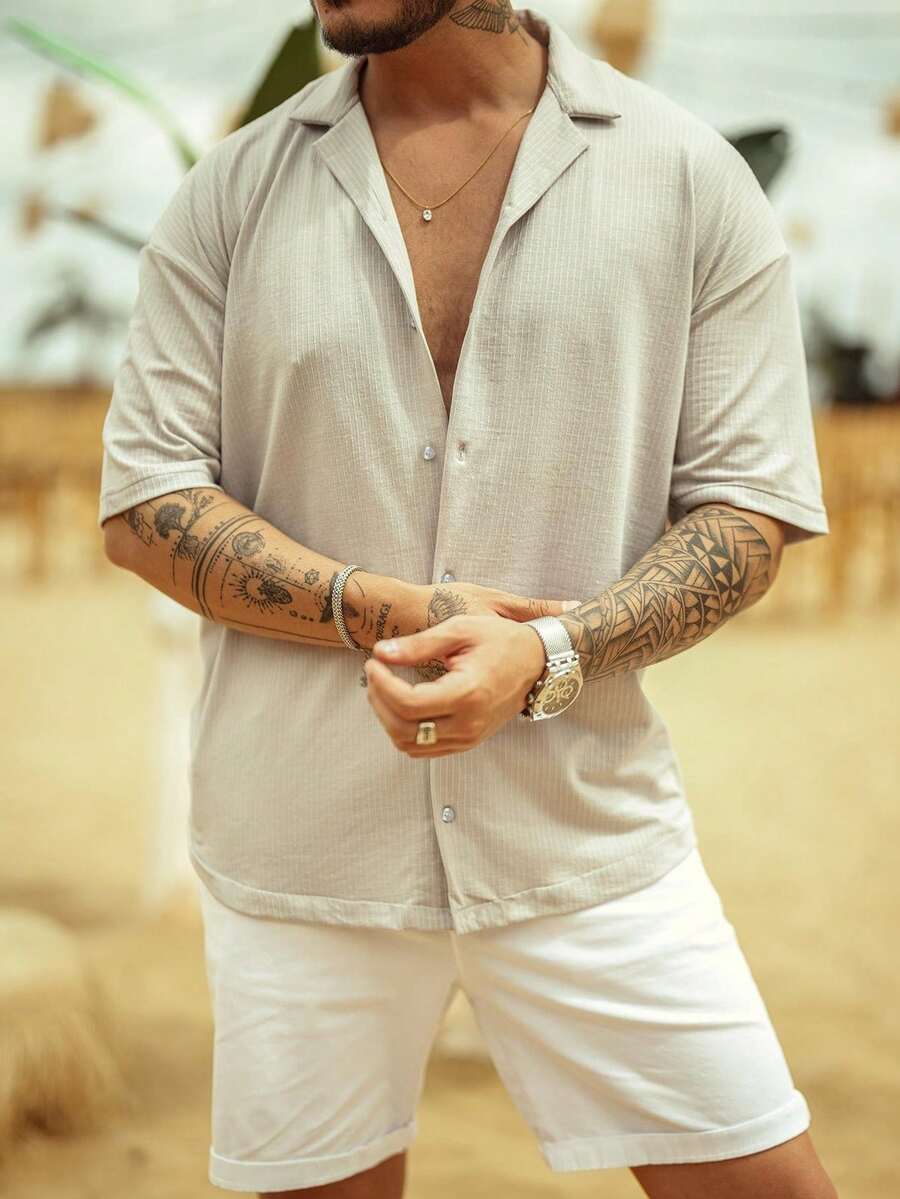 男士度假风纯棉衬衫，米色条纹衬衫，宽松领上衣，透气沙滩度假装 - 彩色 - 查看 1