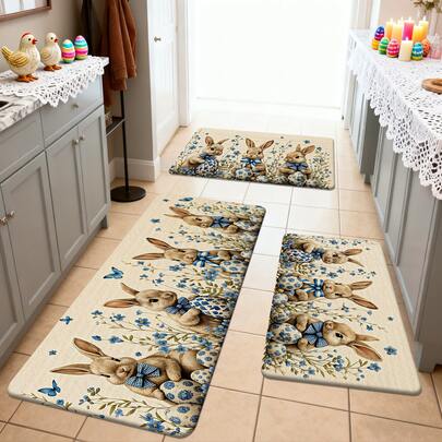 1/2/3pcs Easter Kitchen Rugs Doormats, Cute Rabbit, Blue Bow, Holding Eggs Pattern, Surrounded By Blue Floral, Beige Textured Background, Suitable For Spring Kitchen, Bathroom, Outdoor, Garden Or Party Decor To Create Easter Atmosphere