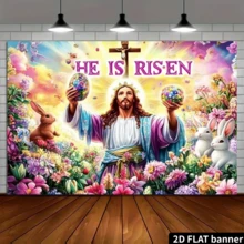 2D Flat Religious Easter Background Cloth, Jesus, Colorful Easter Eggs, Rabbits, Butterflies, Flowers, Cross, Text He Is Risen, Festival Decoration, Home Decoration, Party Decoration, Festival Gift, Polyester Fiber Material, No Power Required, Suitable For Indoor And Outdoor Celebration Activities - Multicolor 4 - View 4