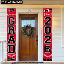 2 piezas Bandera vertical de temporada de graduación 2026, decoración cultural roja y negra con luces florales, 12x70.8 pulgadas de poliéster para uso en interiores/exteriores, adecuada para fondos oscuros - Multicolor - Ver 4