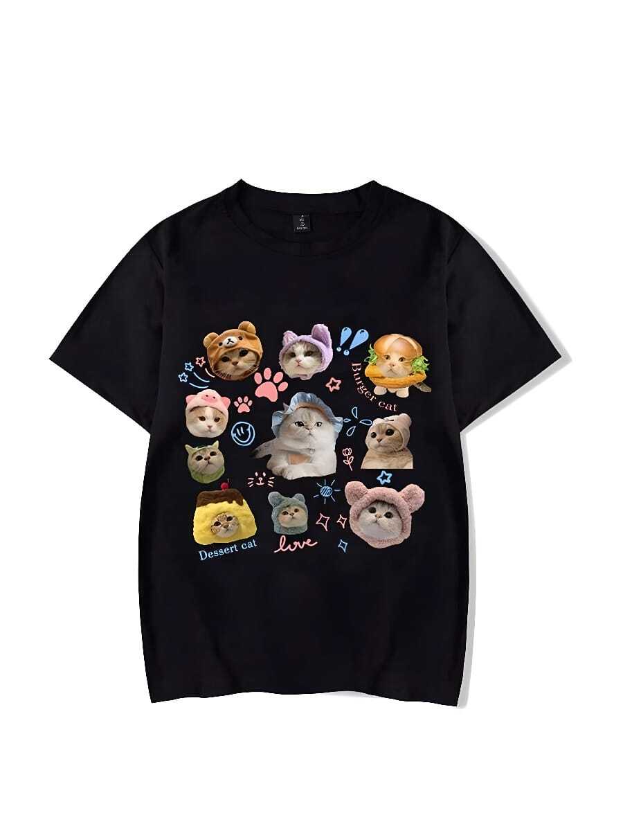 Cat Graphic Clothing Cute Streetwear T-Shirt Kittens Avatars Blouse men Y2k bodys Kawaii Tops House Pet Print men's Clothes - Negro - Ver 1