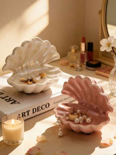 Luxury Pink Shell Shaped Decorative Storage Bowl, Elegant Vanity Organizer Box For Jewelry, Cosmetics, Small Accessories, Cute Desktop Decor Container With Marble Texture, Suitable For Bedroom Vanity, Bathroom Countertop, Living Room, Fashionable Home Decor, Gift For Her, Housewarming, Valentine's Day, Makeup Room Decor