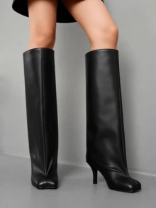 Women's Knee High Boots Square Toe Stiletto Heel Tall Shoes Wide Calf Long Boots Heeled Slouchy Shoes - 黑色pu - 查看 6