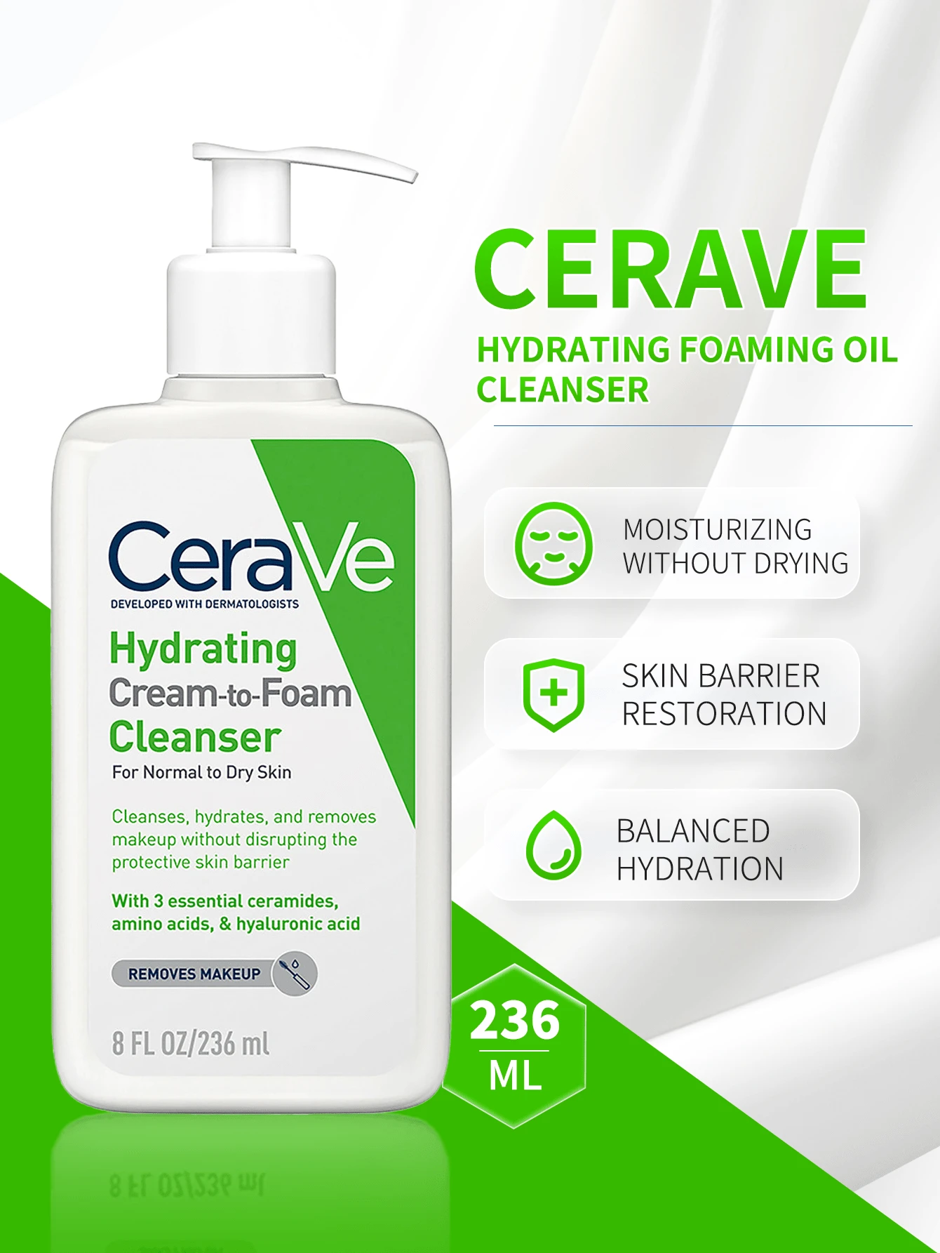 CeraVe 泡沫洁面乳，236毫升，温和氨基酸洁面乳 - 保濕無泡潔面 236ml - 查看 1