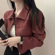 女士仿麂皮领纯色拉链外套，适合日常、上学、机场穿着，春秋季长袖款 - 紅色 - 查看 3