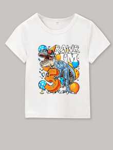 Dinosaurio con sombrero de fiesta rodeado de globos y número cinco ideal para celebrar cumpleaños camiseta 100% algodón ropa para niños - Blanco - Ver 1