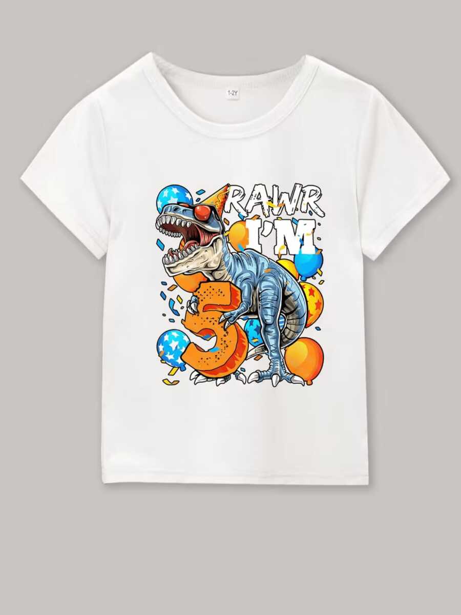 Dinosaurio con sombrero de fiesta rodeado de globos y número cinco ideal para celebrar cumpleaños camiseta 100% algodón ropa para niños - Blanco - Ver 1