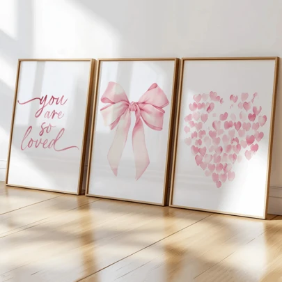 3pcs Modern Wall Art Posters, Room Decor, Home Decor Set, Abstract Canvas Art Paintings, Suitable For Bedroom And Living Room - Butterfly Pattern, "You Are So Loved", Heart Shape Pattern, Pink Bow, Minimalist Style, White Background, Contemporary Art Style, Minimalist Art, Romantic Wall Art | Valentine's Day Decor | Love | Framed Or Unframed, Room Decoration