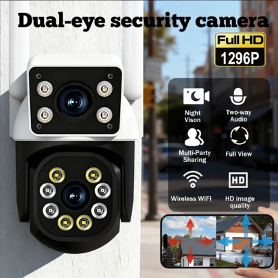 Cámara de exterior PTZ de doble lente 4K, montada en la pared y no impermeable, con audio bidireccional, control de aplicación, video 1296p, alerta de audio/movimiento, pantalla a color, alimentada por USB, conexión WiFi