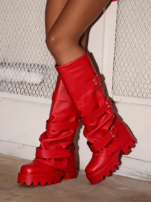 Punk Women's Combat Boots Knee High Round Toe Straps Pull On Wide Calf Pleated Loose Thick Sole Motorcycle Boots Outdoors Cosplay Dressy Slouchy Long Boots - Đỏ - Xem 5