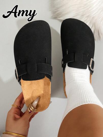 Pantuflas de mujer de ajuste ancho, de unicolor casual, de ante, con hebilla, planas y sin cordones