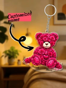 Móc khóa acrylic hình gấu hoa hồng khắc chữ theo yêu cầu, móc khóa cá nhân hóa, móc khóa đôi, quà tặng ngày Valentine, quà sinh nhật, quà kỷ niệm, quà tặng cặp đôi - Nhiều màu - Xem 1