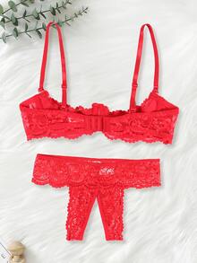 Women's Lace Lingerie Set, Open Back Design With Floral Trim Details And Open Crotch Thong, Valentine's Day Gift - Red - View 3