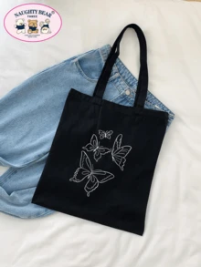 时尚简约蝴蝶和线条图案印花帆布手提包书包，大容量，便携，可折叠，经典休闲，适合少女女大学生，非常适合返校、大学、初中、高中，蝴蝶包 - 黑色 - 查看 3