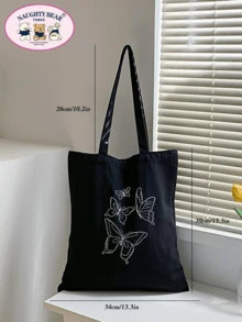 时尚简约蝴蝶和线条图案印花帆布手提包书包，大容量，便携，可折叠，经典休闲，适合少女女大学生，非常适合返校、大学、初中、高中，蝴蝶包 - 黑色 - 查看 6