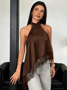 Women's Solid Color Satin Lace Patchwork Halter Neck Irregular Lace Hem Sleeveless Tank Top,Parties Clubwear And Streetwear Vacation Outfits Women - 深棕 - 查看 1
