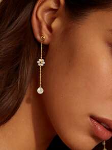 2pcs Earrings Long White Pearl Tassel Dangle Statement Earrings Flower Pendant Earrings Bridal Wedding Dainty Prom Earrings Birthday Gifts Jewelry - Gold - View 3