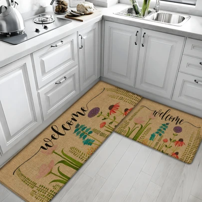 1pc Spring Element Pattern Printed Linen Kitchen Rug, Carpet, Mat, Bathroom Mat, Doormat, 3D Printed Rectangle, Suitable For Living Room, Bedroom, Hallway, Bathroom, Laundry Room - Polyester Carpet, Indoor Outdoor Home Decor
