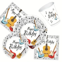 64件套音乐主题生日派对一次性餐具套装，包括一次性餐盘、餐巾纸和纸杯 - 彩色 - 查看 6