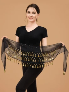 Women's Belly Dance Hip Chain - 66 Gold Coin Tassels In A Fan Skirt Wrap, Featuring Sequins And Coin Designs, Elastic Waistband, Suitable For Belly Dance, Hip Hop, Street Dance - Performance Costume Accessory, Dancewear, Dance Performance - Multicolor - View 18