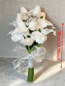White Tulip And Calla Lily Artificial Flower Bouquet, Bridesmaid Bouquet For Wedding, Bridal Bouquet, Wedding, Ceremony, Anniversary, Fake Flower Spring Home Decor, Photography Props, Centerpiece, Party Table Decor, Holiday Decoration, Easter Gift, Birthday, Graduation - Multicolor - View 8