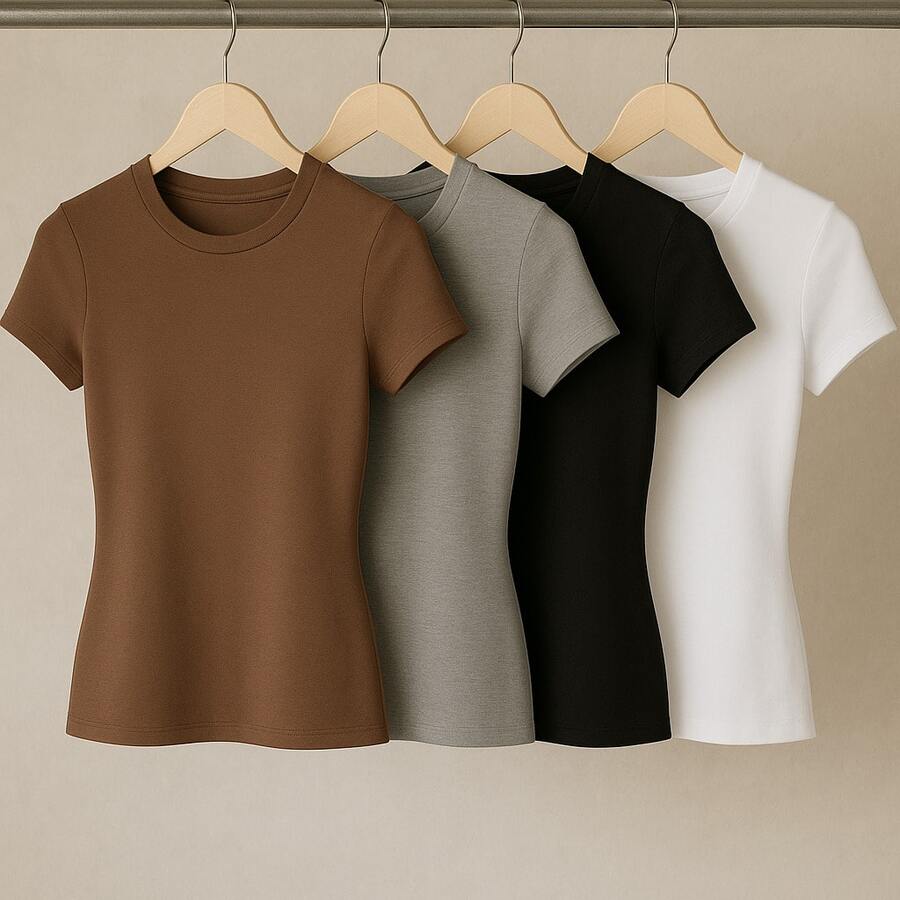 Set Of 4 Stylish Short-Sleeved Blouses For Work, Premium, Blogger-Style, Casual, Slim Fit, Summer/Carnival Fashion. - Black, Gray, Brown and White - View 1