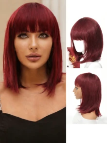 12英寸直发粉色刘海波波头假发，适合女性日常、派对、角色扮演、摄影等场合。