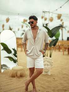 男士度假风纯棉衬衫，米色条纹衬衫，宽松领上衣，透气沙滩度假装 - 彩色 - 查看 2