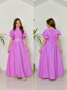 Evangelical Long Dress For Girls And Teenagers With Trio Detail At The Waist And Layered Sleeves | Long, Flared Dress With Elastic At The Back | Sizes 10 To 16 | Colors: Baby Blue, Green, Pink, Lavender, And Navy Blue | Elegant And Comfortable Outfit For Birthdays, Parties, Christmas, Graduations, And Special Events | Classic Teen Dress With A Loose Fit | Delicate Model With Wide Sleeves And Refined Finish | Long Dress For Pre-Teen And Teenage Girls | Children's Clothing For Special Occasions And Dressy Casual Wear | Ideal Gift For Girls | Flared Dress With Lightweight Fabric And Soft Touch | Charming, Discreet, And Comfortable Look For Various Occasions - 紫丁香色 - 查看 1