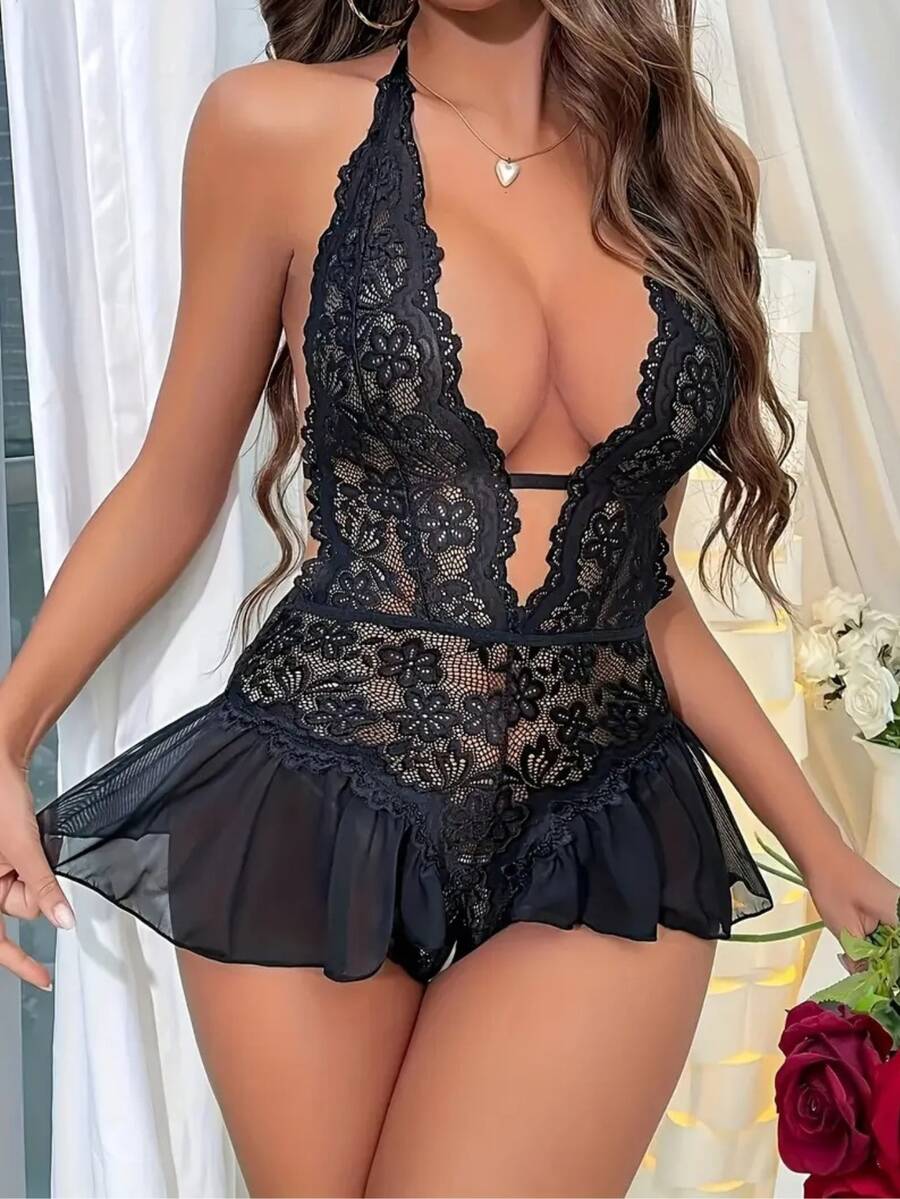 Princess-Style Lace Bodysuit With Skirt And Sexy Opening + Cleavage. - Hitam - View 1