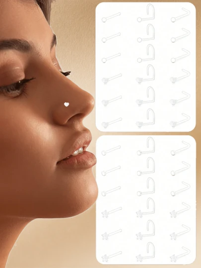 CIZME 18 piezas Casual Pendientes de nariz de corazón de plástico, unisex, decoración diaria; 20/18G Pendientes de nariz de aro de plástico en forma de L, juego de joyas para perforación de nariz, adecuado para la escuela, el trabajo, el uso con perforación de nariz.