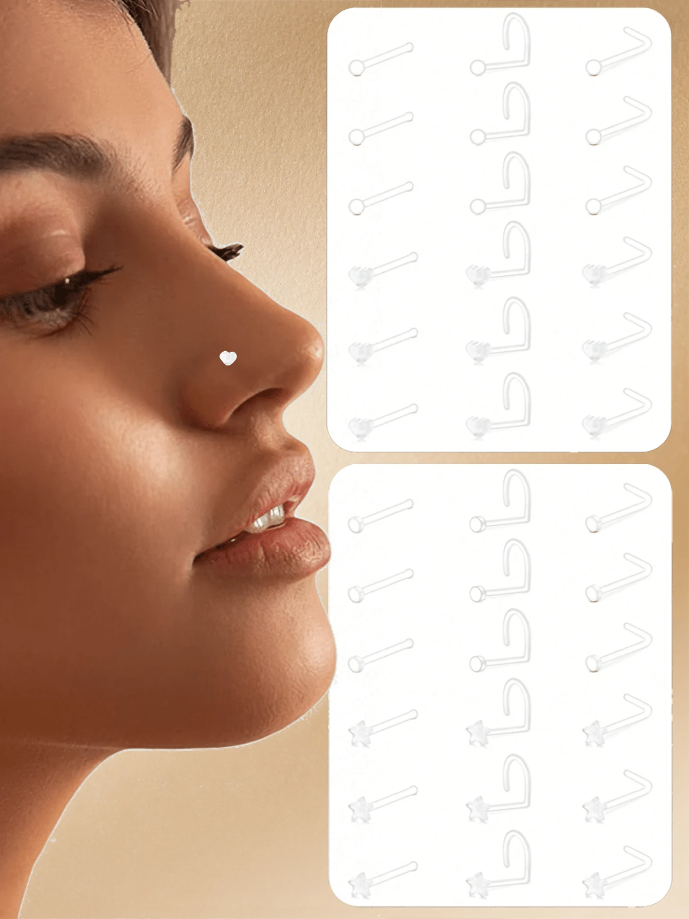 CIZME 18 pièces Clous de nez en plastique en forme de cœur décontractés, unisexes, décoration quotidienne ; 20/18G Clous de nez en anneau clair, clous de nez en plastique en forme de L, ensemble de bijoux de piercing de nez, boucles d'oreilles, convient pour l'école, le travail, le port de piercing de nez. - Transparent - Voir 1