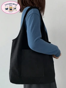 女士简约帆布手提包，开顶帆布单肩包，手提包，适合小学生/中学生/大学生的简约公文包，文件夹，旅行包 - 黑色 - 查看 5