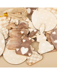 Bộ 20 món đồ trang trí treo bằng gỗ chủ đề Lễ Phục Sinh | Hình thỏ và trứng mộc mạc, trang trí bằng dây gai | Vật trang trí để bàn và treo tường, tự làm đồ trang trí nhà mùa xuân | Lễ Phục Sinh - A - Xem 3