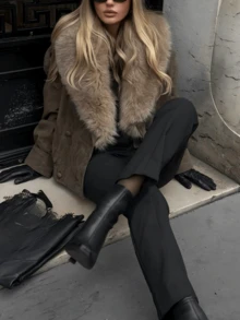 2025 Autumn/Winter Elegant Faux Suede Faux Fur Collar Women's Coat, Fashionable Double-Breasted Casual Warm Coat, Stylish Dark Green Christmas Party Coat - Brown - View 11