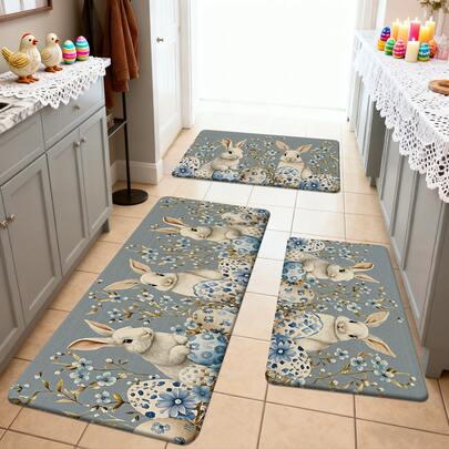 1/2/3pcs Easter Kitchen Rug Kitchen Mat Door Mat Featuring Adorable White Bunnies Blue Floral Eggs And Delicate Spring Blossoms On A Soft Gray Background Ideal For Easter Decor Spring Home Kitchen Outdoor Garden Party Dining Room Bathroom Entryway Gift With Festive Easter Atmosphere Home Decoration Easter Ambience Decor