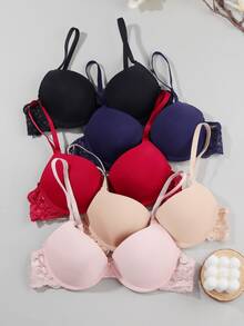 5件装优雅纯色蕾丝拼接聚拢文胸 - 彩色 - 查看 4