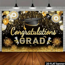 2D Flat Graduation Party Background Cloth, Black And Gold, Text Congrats GRAD, Bachelor's Cap, Champagne, Balloon, Fireworks, Sequins, Party Decoration, Photo Background, Polyester Fiber, No Power Required - Multicolor 3 - View 4