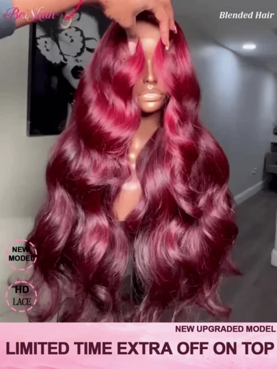 200 Density HD Lace Front Wigs Human Blended Hair Body Wave Human Frontal Hair Wigs For Women Pre Cut Pre Plucked Brazilian Virgin Hair 13x4 Lace Frontal Wig Glueless #99J Burgundy 24 Inch