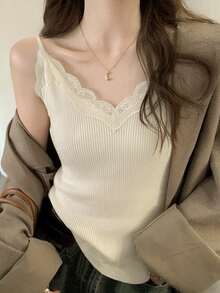 Lace Camisole Women's Undershirt, V-Neck Knit Vest With Lace Patchwork, Suitable For Winter, Christmas, Spring New Year Outfits - Apricot - View 2