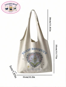 1入組米色時尚帆布手提袋，字母&花卉&鬱金香印花女式手提包，適用於購物、書包、大容量、可攜式，適用於青少年女孩、女性大學生、白領女性，適用於工作、返校、中學、高中、大學、假期