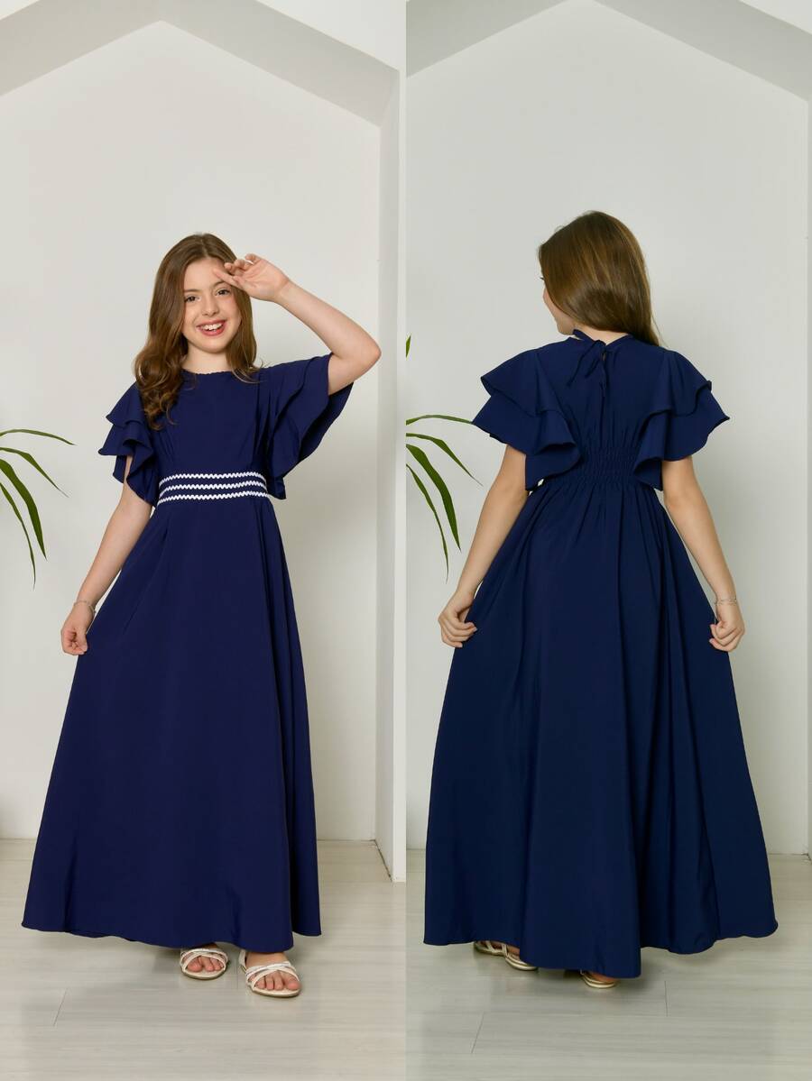 Evangelical Long Dress For Girls And Teenagers With Trio Detail At The Waist And Layered Sleeves | Long, Flared Dress With Elastic At The Back | Sizes 10 To 16 | Colors: Baby Blue, Green, Pink, Lavender, And Navy Blue | Elegant And Comfortable Outfit For Birthdays, Parties, Christmas, Graduations, And Special Events | Classic Teen Dress With A Loose Fit | Delicate Model With Wide Sleeves And Refined Finish | Long Dress For Pre-Teen And Teenage Girls | Children's Clothing For Special Occasions And Dressy Casual Wear | Ideal Gift For Girls | Flared Dress With Lightweight Fabric And Soft Touch | Charming, Discreet, And Comfortable Look For Various Occasions - 藏蓝色 - 查看 1