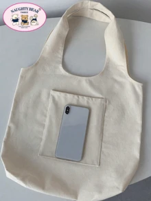 1 件女士米色帆布手提包，带黑猫印花，购物单肩包 - 米色 - 查看 5