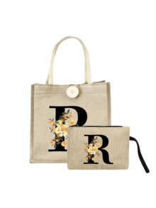 A-Z字母印花亚麻手提袋套装，个性化礼品，附赠小收纳袋，花卉图案，母亲节礼物，黄色亚麻手提袋配黑色肩带，大小号手提袋组合，送给女性、母亲、老师、朋友、伴娘的完美礼物，适合海滩、旅行等场合。 - 彩色 - 查看 13