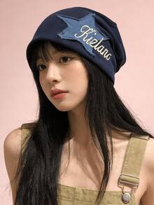 1顶Y2K复古风针织帽，适合女性和青少年女孩，复古街头风，饰有3D星星贴片和刺绣字母，宽松弹力均码，适合秋冬季休闲、户外和街头穿搭。 - A - 查看 1