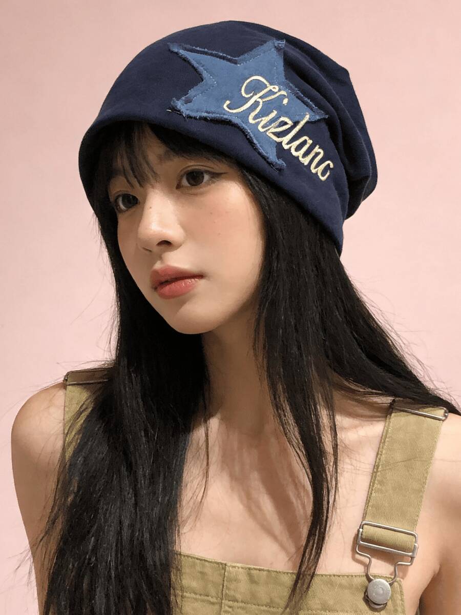 1顶Y2K复古风针织帽，适合女性和青少年女孩，复古街头风，饰有3D星星贴片和刺绣字母，宽松弹力均码，适合秋冬季休闲、户外和街头穿搭。 - A - 查看 1