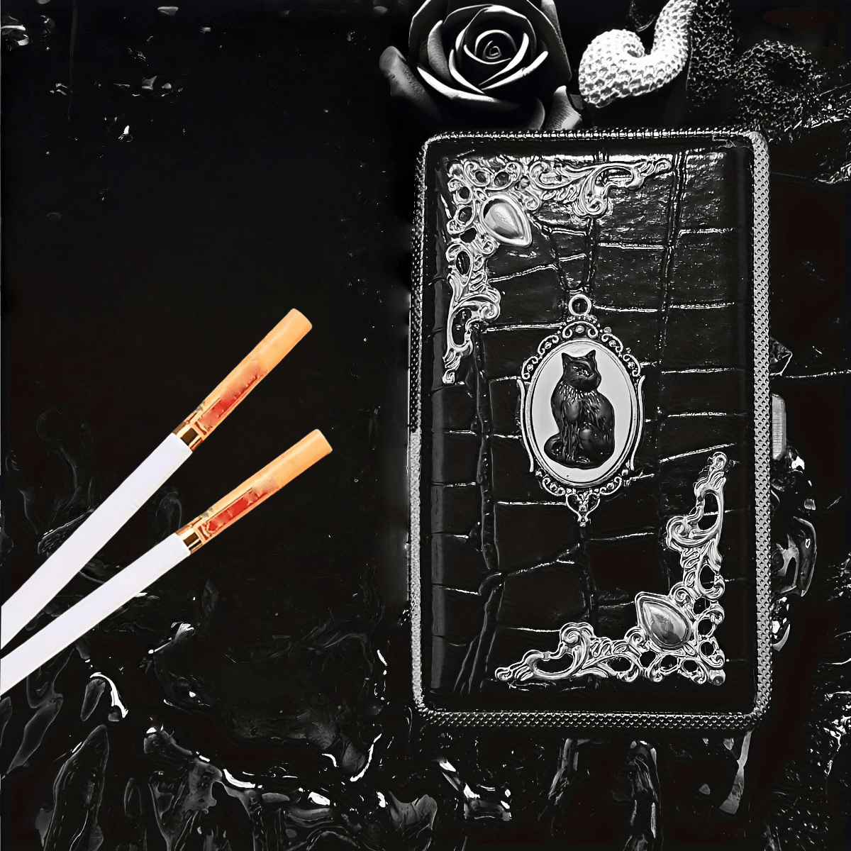 手工复古哥特暗黑风格鳄鱼纹黑猫浮雕香烟盒，便携式防潮收纳盒，情人节、母亲节、生日、节日礼物 - 黑色 - 查看 9