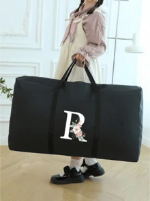 1 túi du lịch gấp gọn, ngăn chứa đồ cực lớn, chống thấm nước và chống ẩm, họa tiết chữ cái đầu cá nhân hóa, túi đựng đồ dùng giường ngủ dung tích lớn, túi xách tay bằng vải không dệt. - màu đen - Xem 5