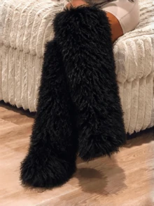 Women's Winter Furry Snow Boots Fuzzy Fluffy Round Toe Suede Booties Flat Heel Slip On Outdoor Indoor Shoes Fashion Warm Fluffy Shoes - 黑色長管 - 查看 6