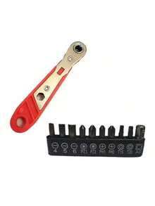 11pcs Screwdriver Set With Ratchet Handle For Narrow Spaces, Reversible Ratchet Screwdriver For Tight Spaces, Includes Flat, Hex, Star Bits, Angled & Straight Handles, Steel Material, Red Color, Assembly Required, Non-Electric, No Battery Needed, Suitable For Industrial And Scientific Use